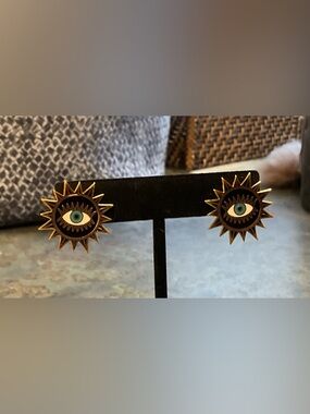 Gold Sunburst Enameled Evil-Eye Stud Earrings - Women Jewelry